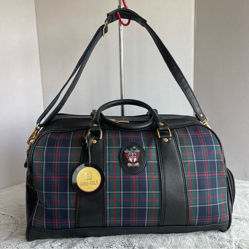 DAKS Plaid Tartan Cloth and Black Leather Shoulder Duffel Bag Blue Green Red
